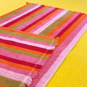 Vintage 70s CALDWELL Cotton Bath Towel 22.5" x 39": Pink Green Orange Stripes